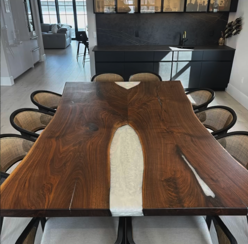 What is a river table? Live edge wood conference table with white resin inlay